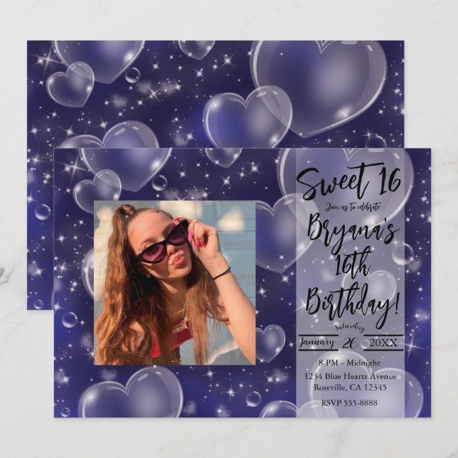 Blue Bubble Hearts Cute Girly 90's Birthday Party Invitation (Front/Back)