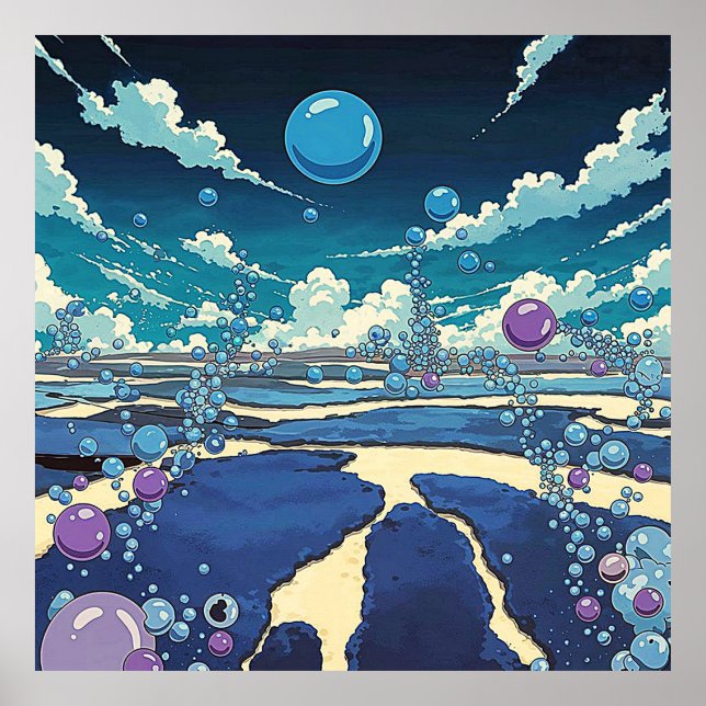 Blue Bubble Landscape Square Poster Wall Art (Front)