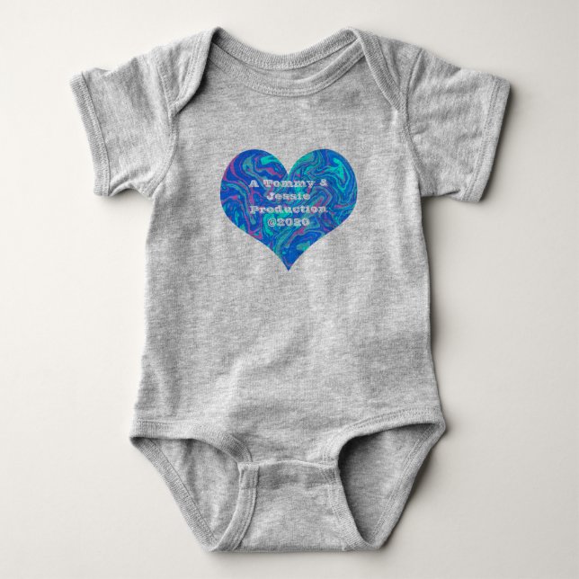 Blue bubblegum abstract design heart shape baby bodysuit (Front)