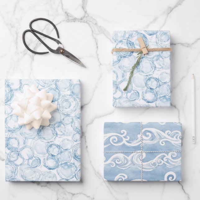 Blue Bubbles Birthday Wrapping Paper Sheets (Front)