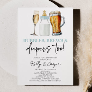Blue Bubbles Brews and Diapers Too! Baby Shower Invitation