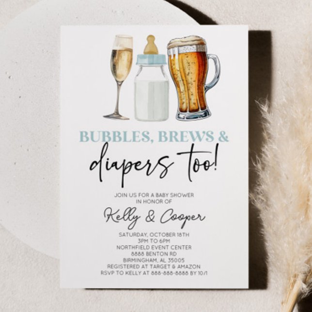 Blue Bubbles Brews and Diapers Too! Baby Shower Invitation (Creator Uploaded)