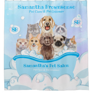 Blue Bubbles Dogs Cats Spa Bathtub Blue Pet Shower Curtain