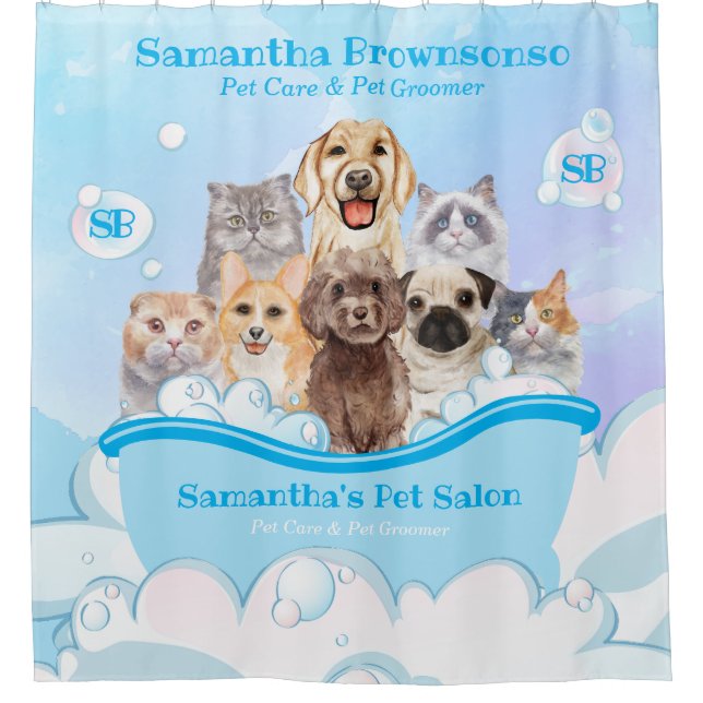 Blue Bubbles Dogs Cats Spa Bathtub Blue Pet Shower Curtain (Front)
