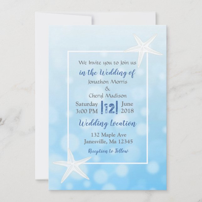 Blue Bubbles Starfish Beach  Wedding Invitations (Front)