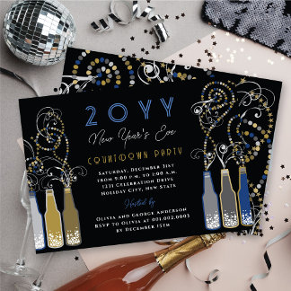 Blue Bubbly Bottles Swirls New Year's Eve Party Invitation