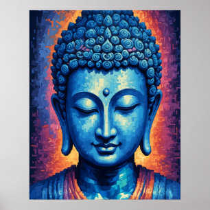Blue Buddha Modern Abstract Pixel Art Poster