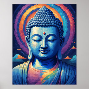  Blue Buddha Multi-Color Modern Pixel Art Poster