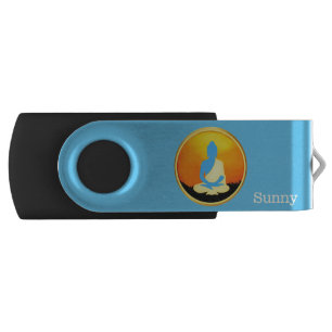 Blue buddha, sunrise & calligraphy on light blue flash drive