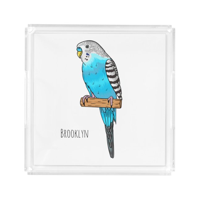 Blue budgerigar bird cartoon illustration acrylic tray (Front)