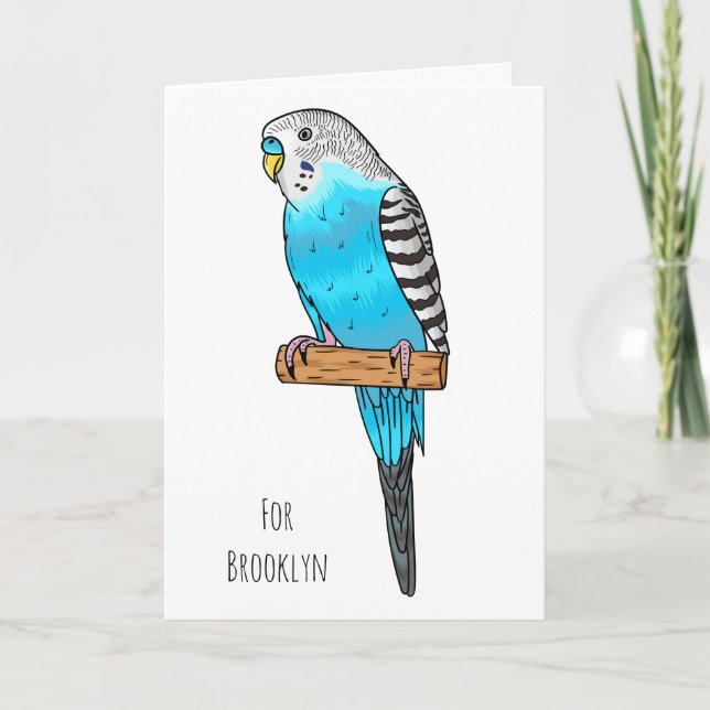 Blue budgerigar bird cartoon illustration card (Front)