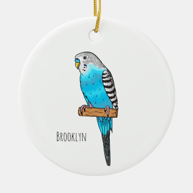 Blue budgerigar bird cartoon illustration  ceramic ornament (Front)