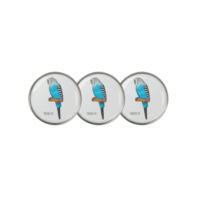 Blue budgerigar bird cartoon illustration golf ball marker (3 Up)