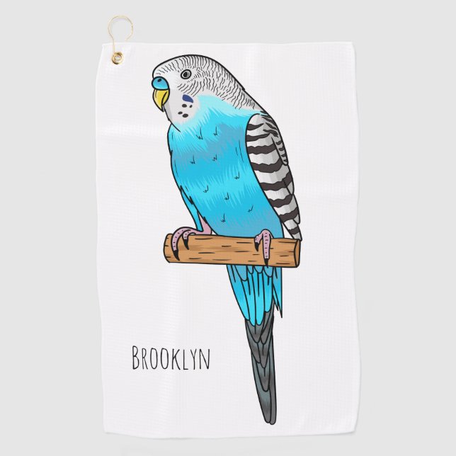 Blue budgerigar bird cartoon illustration golf towel (Front)