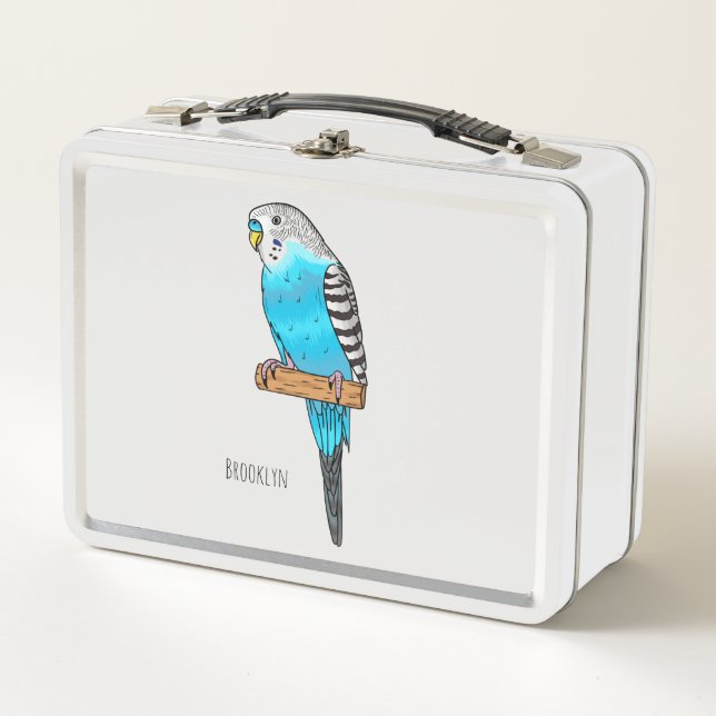 Blue budgerigar bird cartoon illustration metal lunch box (Front)
