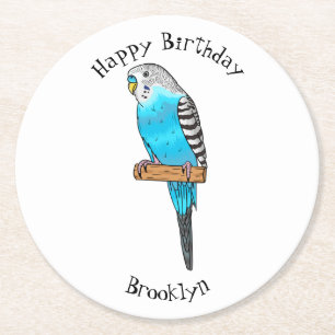 Blue budgerigar bird cartoon illustration round paper coaster