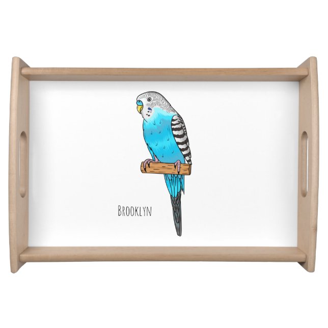 Blue budgerigar bird cartoon illustration serving tray (Front)