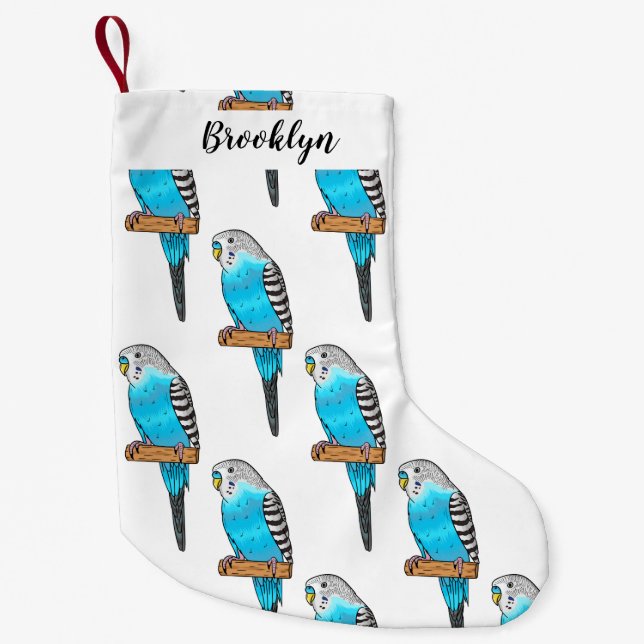 Blue budgerigar bird cartoon illustration small christmas stocking (Front)