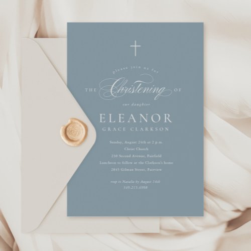 Blue Budget Elegant Cross Calligraphy Christening Invitation