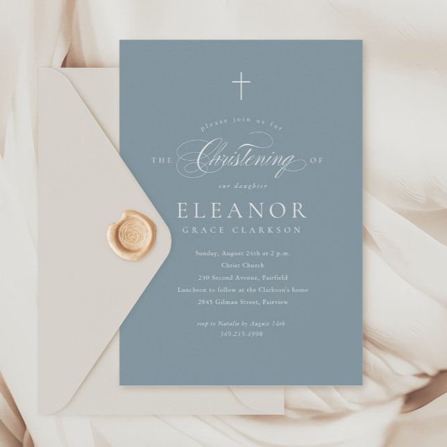 Blue Budget Elegant Cross Calligraphy Christening Invitation (Creator Uploaded)