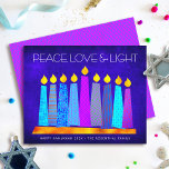 Blue Budget Hanukkah Candles Peace Love Light Card<br><div class="desc">“Peace, love & light.” A playful, modern, artsy illustration of boho pattern candles in a menorah helps you usher in the holiday of Hanukkah. Assorted blue candles with colorful faux foil patterns overlay a rich deep blue textured background. Faux hot pink purple diamond pattern foil on a cornflower blue background...</div>