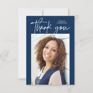 Blue Budget Modern Calligraphy Photo Graduation Thank You Card