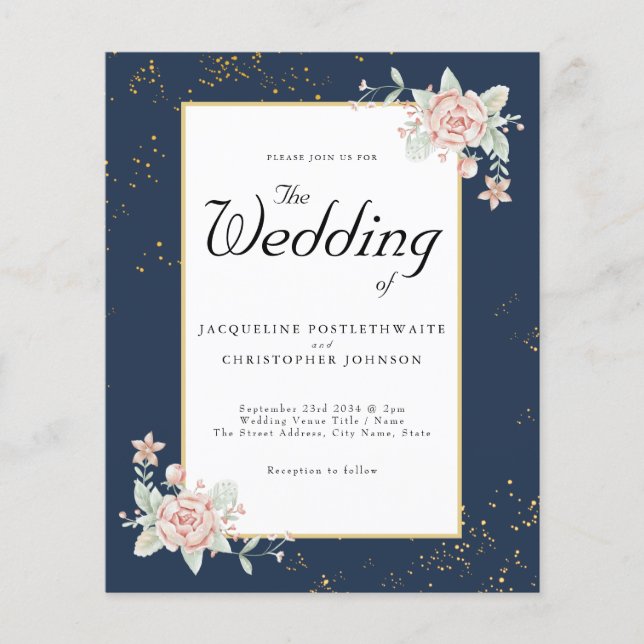Blue Budget Wedding Invitation Rose Pink Peony Flyer (Front)