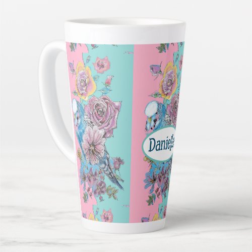 Blue Budgie Bird Rose Floral Pink Aqua Girls Name Latte Mug