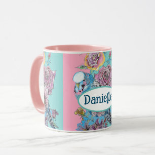 Blue Budgie Bird Rose Floral Pink Aqua Girls Name Mug