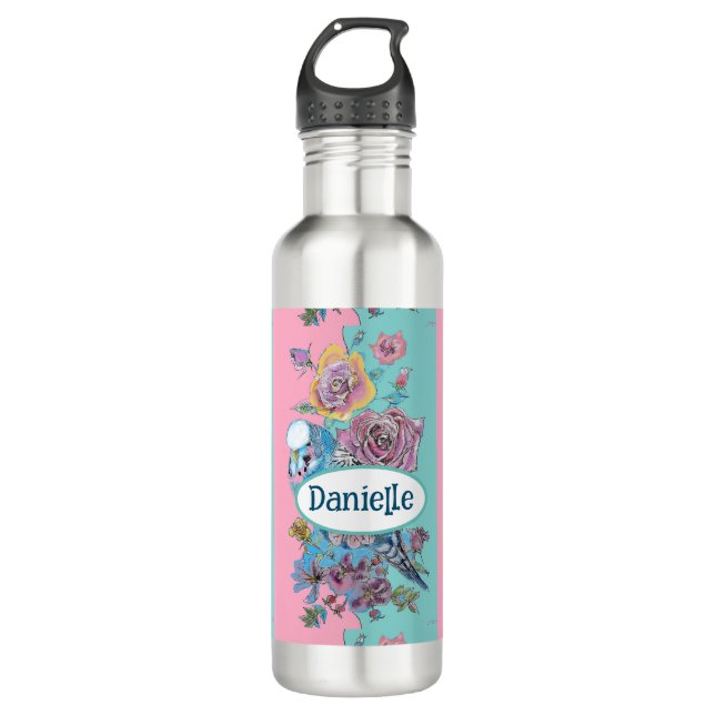 Blue Budgie Bird Rose Floral Pink Aqua Girls Name Stainless Steel Water Bottle (Front)