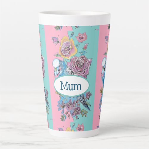 Blue Budgie Bird Rose Floral Pink Aqua Mothers Day Latte Mug