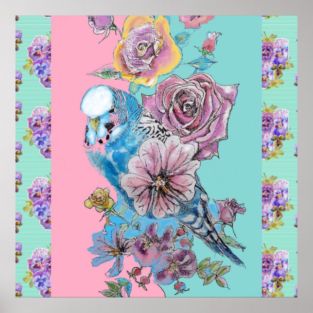Blue Budgie Bird Rose Flower Painting Aqua Poster (Front)