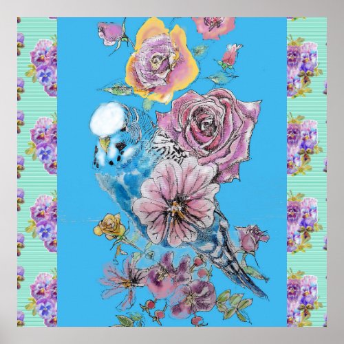 Blue Budgie Bird Rose Flower Painting Aqua Poster