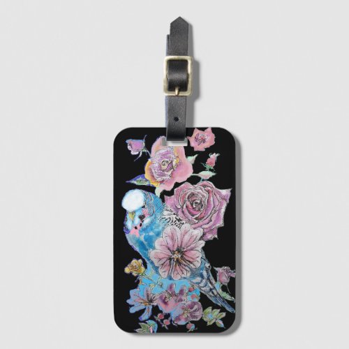 Blue Budgie Black Floral Watercolor Luggage Tag