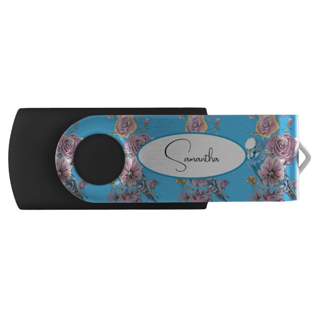 Blue Budgie Budgerigar Rose Girls Customizable Flash Drive (Front)