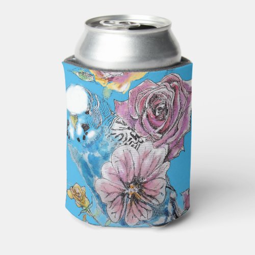 Blue Budgie Budgerigar Rose Watercolor floral art  Can Cooler