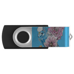 Blue Budgie Budgerigar Rose Watercolor floral art Flash Drive