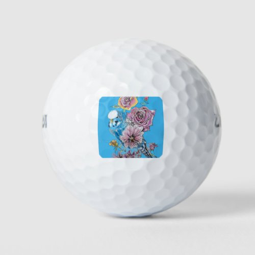 Blue Budgie Budgerigar Rose Watercolor floral art Golf Balls
