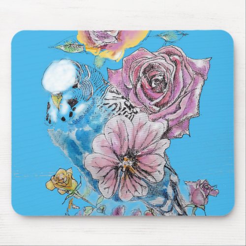 Blue Budgie Budgerigar Rose Watercolor floral art Mouse Pad