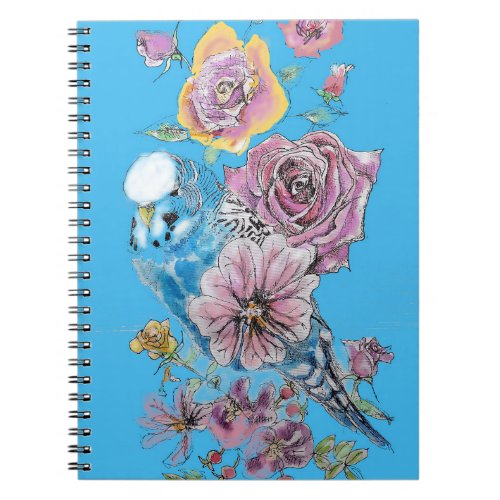 Blue Budgie Budgerigar Rose Watercolor floral art Notebook