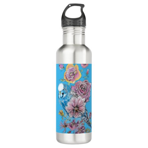 Blue Budgie Budgerigar Rose Watercolor floral art Stainless Steel Water Bottle