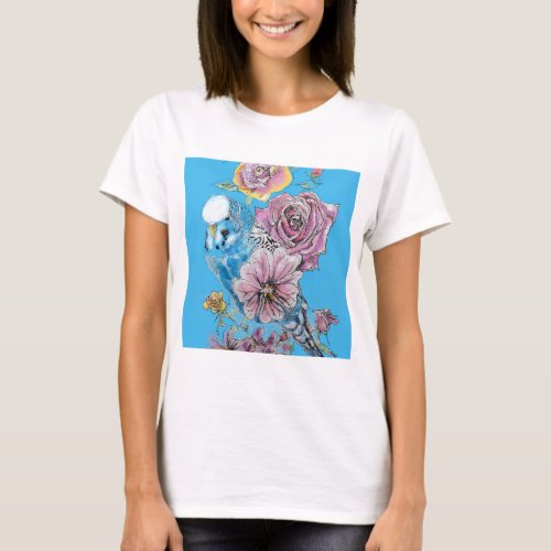 Blue Budgie Budgerigar Rose Watercolor floral art T_Shirt