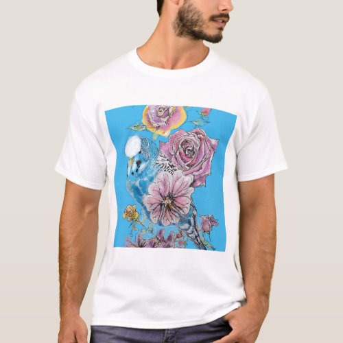Blue Budgie Budgerigar Rose Watercolor floral art T_Shirt