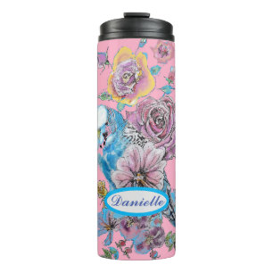 Blue Budgie Budgerigar Rose Watercolor floral art Thermal Tumbler