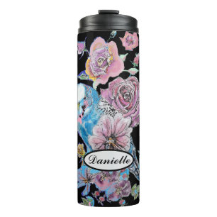 Blue Budgie Budgerigar Rose Watercolor floral art Thermal Tumbler