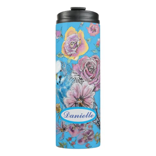 Blue Budgie Budgerigar Rose Watercolor floral art Thermal Tumbler