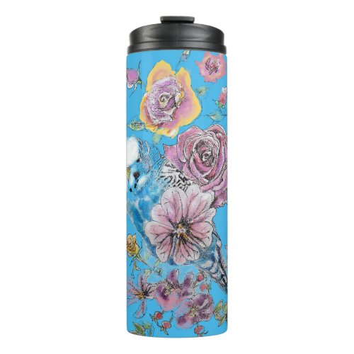 Blue Budgie Budgerigar Rose Watercolor floral art Thermal Tumbler