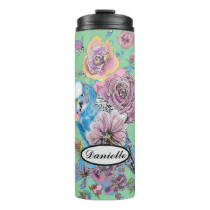 Blue Budgie Budgerigar Rose Watercolor floral art Thermal Tumbler