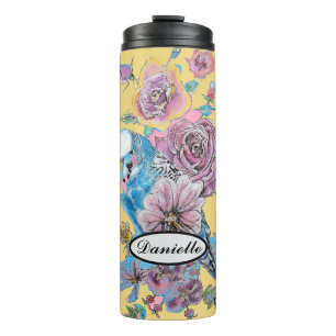 Blue Budgie Budgerigar Rose Watercolor floral art Thermal Tumbler