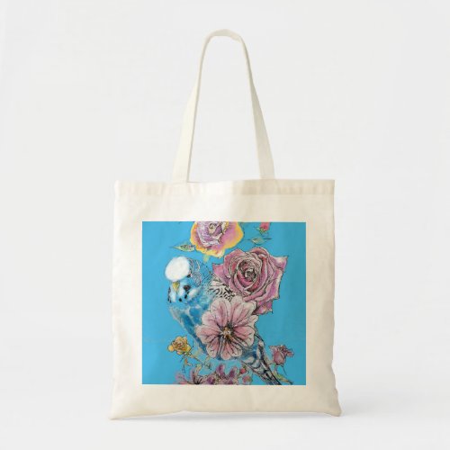 Blue Budgie Budgerigar Rose Watercolor floral art Tote Bag